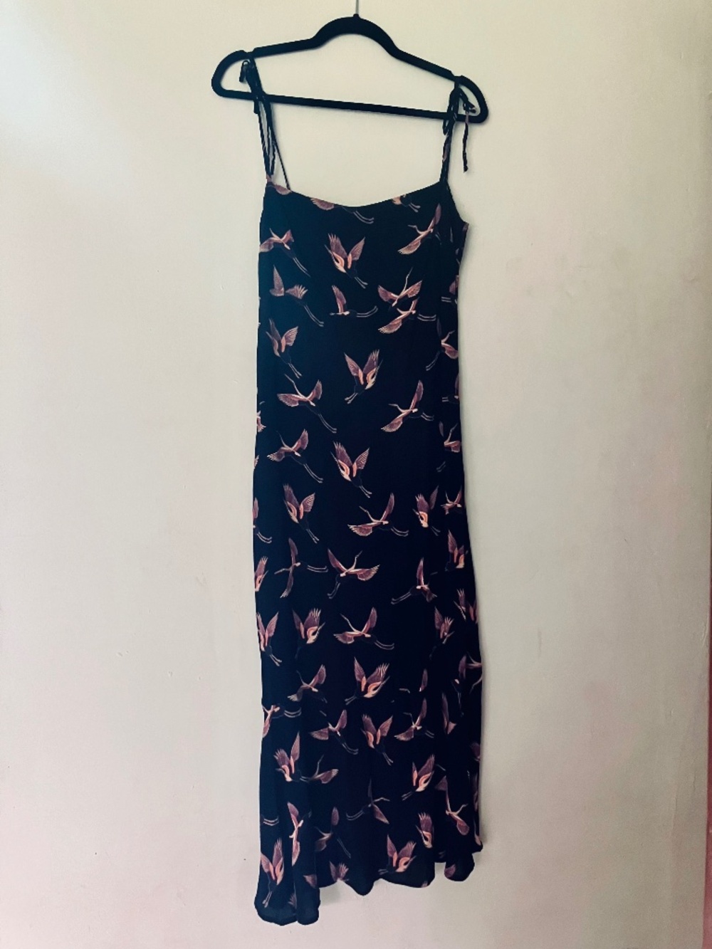 FLYNN SKYE Black Crane Bird Rayon Maxi Dress Tie Strap S Small